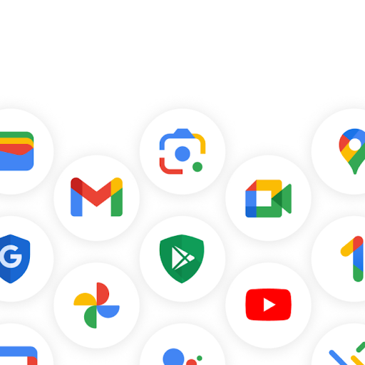 Os logotipos de muitos apps do Google, incluindo Google Meet, Google Maps, Google Fotos, YouTube e muito mais.