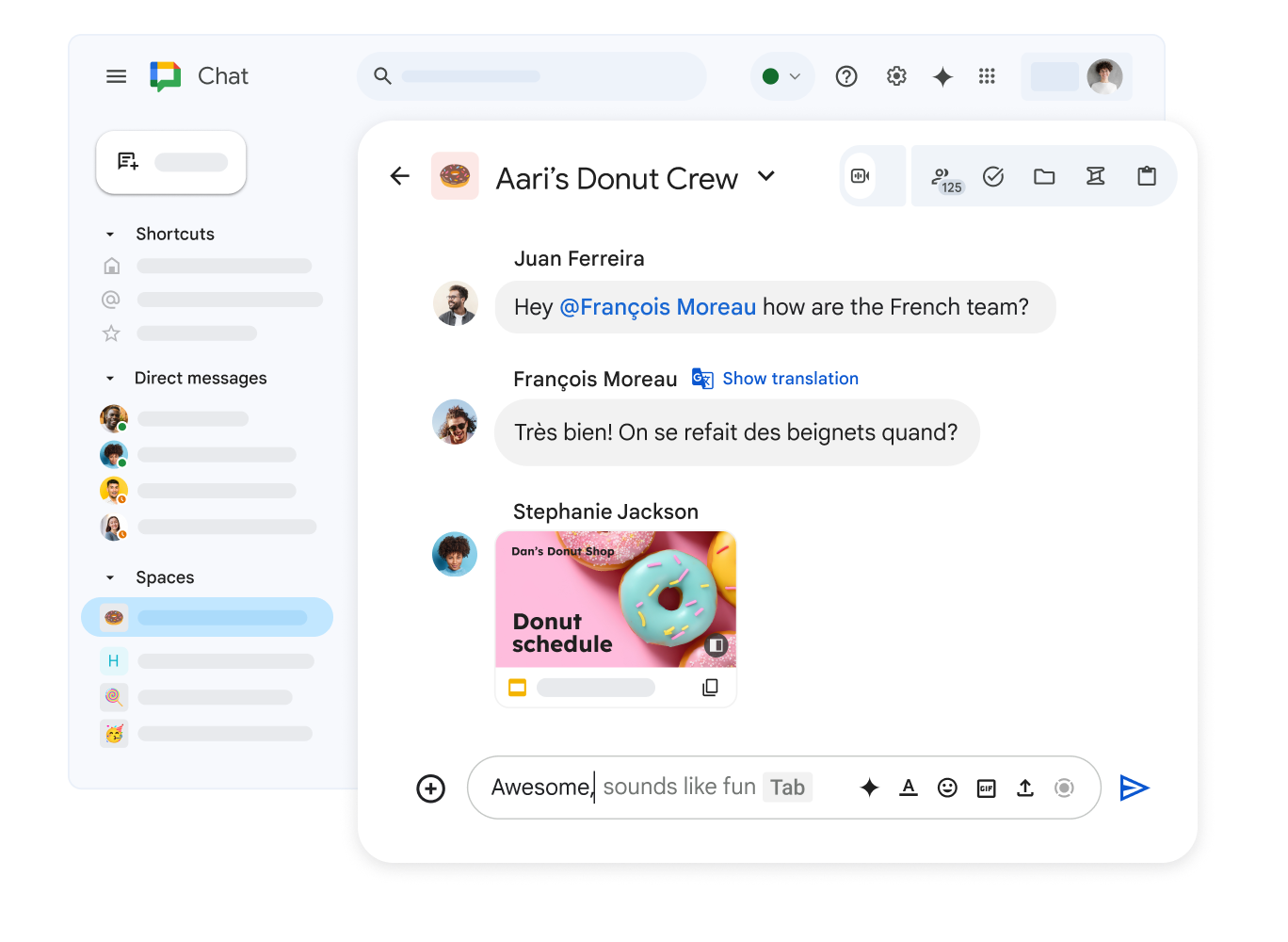 Un espace Google�Chat intitul� "Dan's Donut Crew" montrant une pr�sentation Google�Slides partag�e et un message en fran�ais accompagn� d'une option pour afficher la traduction