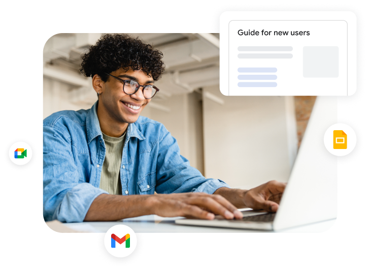 Um jovem profissional lendo guias on-line sobre como configurar os apps Meet, Gmail e Apresenta��es. 