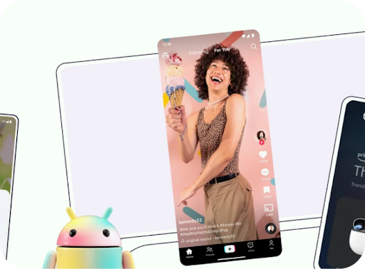 A multicoloured Android robot in front of a line illustration of a computer screen and a phone screen with a colourful TikTok creator video.