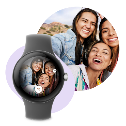 A smartwatch displaying an image of 3 smiling friends on the screen with a camera button and zoom control.