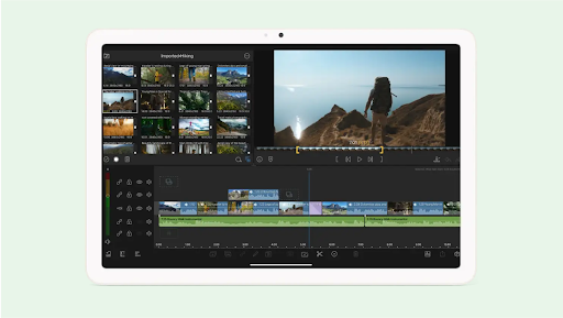 A tablet displaying a video editing screen with hiking footages on the Lumafusion app.
