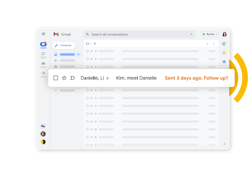 Peti masuk Gmail dengan peringatan susulan dalam teks jingga