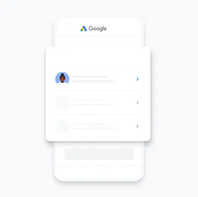 Ilustração de uma conta do Google Ads sendo selecionada para configuração no app Google Ads para dispositivos móveis.