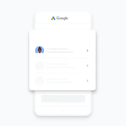 Ilustração de uma conta do Google Ads sendo selecionada para configuração no app Google Ads para dispositivos móveis.