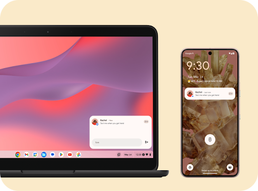 En Chromebook og en telefon vises side om side, og begge viser en notifikation om en besked fra "Rachel".