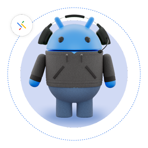 Een blauwe Android-robot in een grijs shirt draagt een koptelefoon. Eromheen cirkelt een koppelingsicoon op een stippellijn.