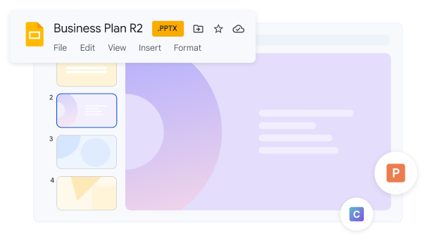 Model prezentace vytvořené v aplikaci Microsoft PowerPoint, ale otevřené v Prezentacích Google. 