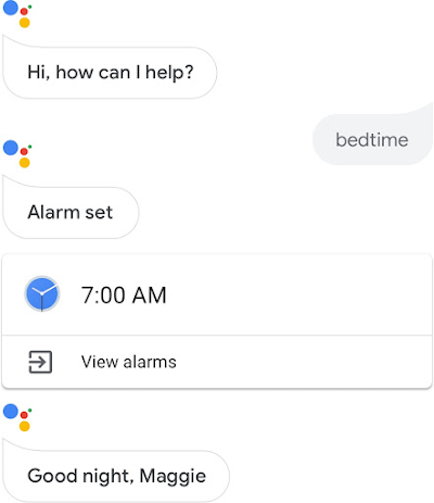 A Google phone screen showing a conversation with the Google Assistant where an alarm is being set.