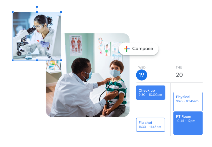 Images of doctors and scientists overlaid with Google Calendar appointment slots and a Compose Gmail button. 