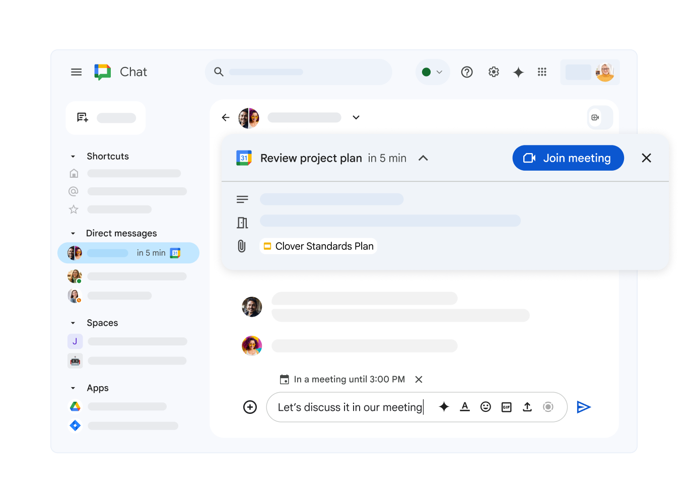 Ventana de Google Chat que muestra una pr�xima reuni�n en el Calendario de Google y un v�nculo para unirse.