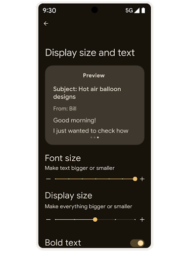 Schermata delle impostazioni di accessibilit� Android con la scritta: "Dimensioni visualizzazione e testo", insieme a una finestra di anteprima delle modifiche, i cursori per "Dimensioni carattere" e "Dimensioni di visualizzazione" e un pulsante di attivazione/disattivazione per "Testo in grassetto".