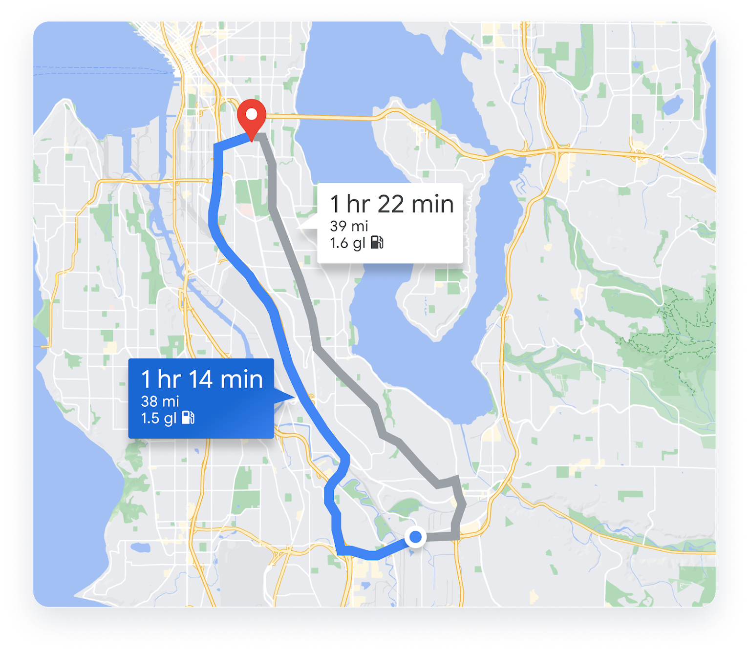 A map with two routes highlighted and the more efficient route selected.