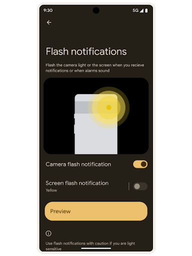 Schermata delle impostazioni di accessibilit� Android per la funzionalit� "Flash di notifica". Un'illustrazione della torcia posteriore dello smartphone illuminata con i pulsanti on/off per "Flash di notifica fotocamera" e "Flash di notifica schermo", insieme a un pulsante "Anteprima".