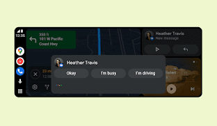 El nuevo dise�o de Android Auto con la interfaz de respuestas inteligentes sugiere "Okay" ("Bueno"), "I'm busy" ("No puedo responder") y "I'm driving" ("Estoy conduciendo") como tres opciones r�pidas para responder un mensaje.