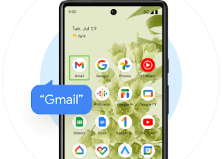 Tela inicial do Android com v�rios �cones vis�veis. Um deles est� em destaque com um quadrado azul e mostra a palavra "Gmail" com um bal�o de di�logo azul.