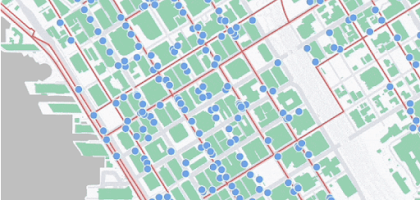 Map of a shoreline with blue dots indicating locations