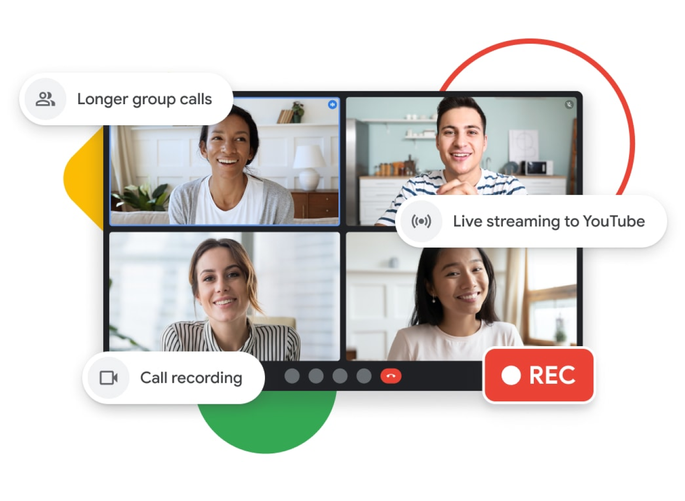 Ilustraci�n gr�fica de una llamada de grupo de Google Meet que puede ser m�s larga, con emisiones en directo en YouTube y funciones de grabaci�n de llamada.