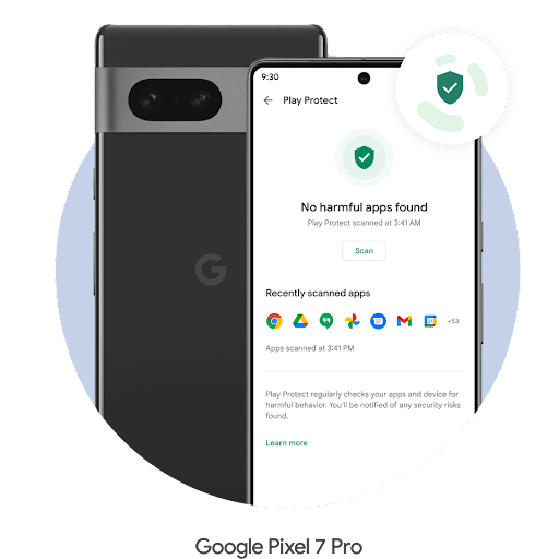 A tela de um smartphone Android com o Google Play Protect aberto. Um escudo verde com uma marca de sele��o � iluminado e mostra a mensagem "Nenhum app nocivo encontrado", alertando o usu�rio de que o smartphone est� protegido.