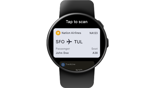 Trycker f�r att �ppna Google Wallet p� en Wear OS-smartklocka och komma �t QR-koden f�r ett boardingkort till National Airlines.