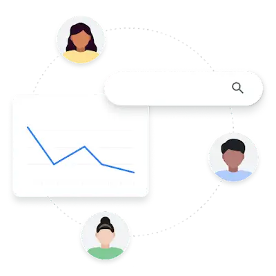 صورة توضيحية لثلاثة مستخدمين يحيطون بطلب بحث واحد لإظهار الاختلافات ورسم بياني خطّي يمثّل اهتمام الجمهور