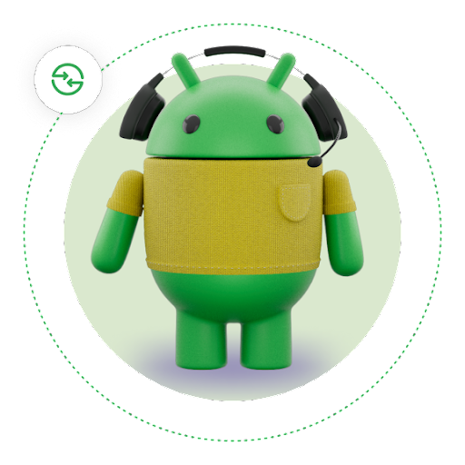 Een groene Android-robot in een bruin shirt draagt een koptelefoon. Eromheen cirkelt een Quick Share-icoon op een stippellijn.