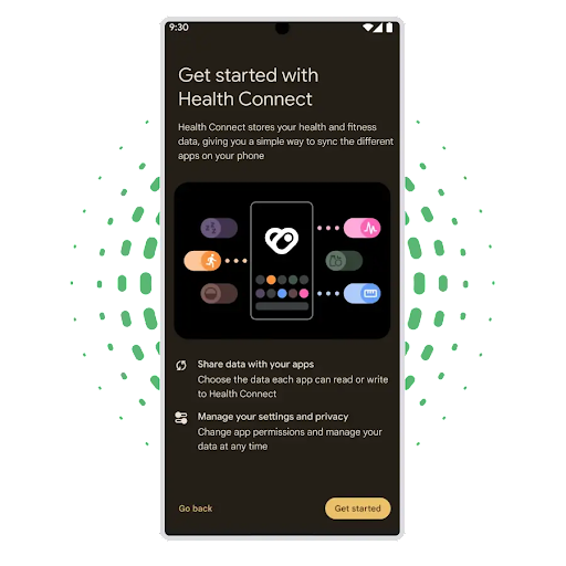 已開啟「開始使用 Health Connect」的 Android 設定畫面，顯示健康資料分享方式與設定和隱私權管理方式的詳細說明。