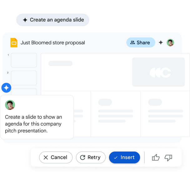 Gemini in Slides creating an agenda for a company's pitch presentation.