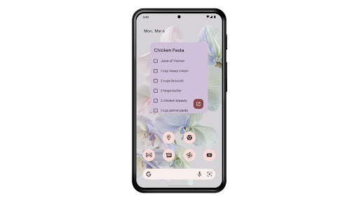 Using the Keep widget on an Android Home screen to tick off a shopping list.