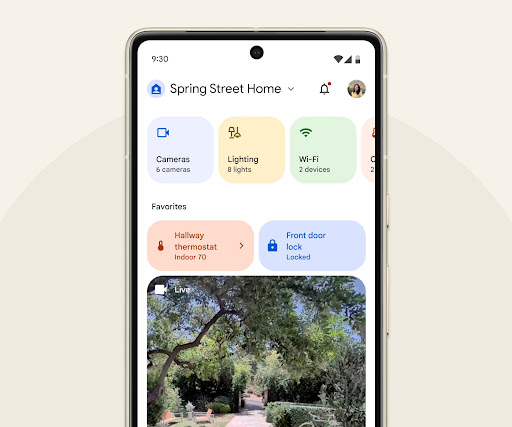 A Pixel Phone screen shows the Google Home app for the Morgan Family Home, with icons to control things like the lights, thermostats, and cameras