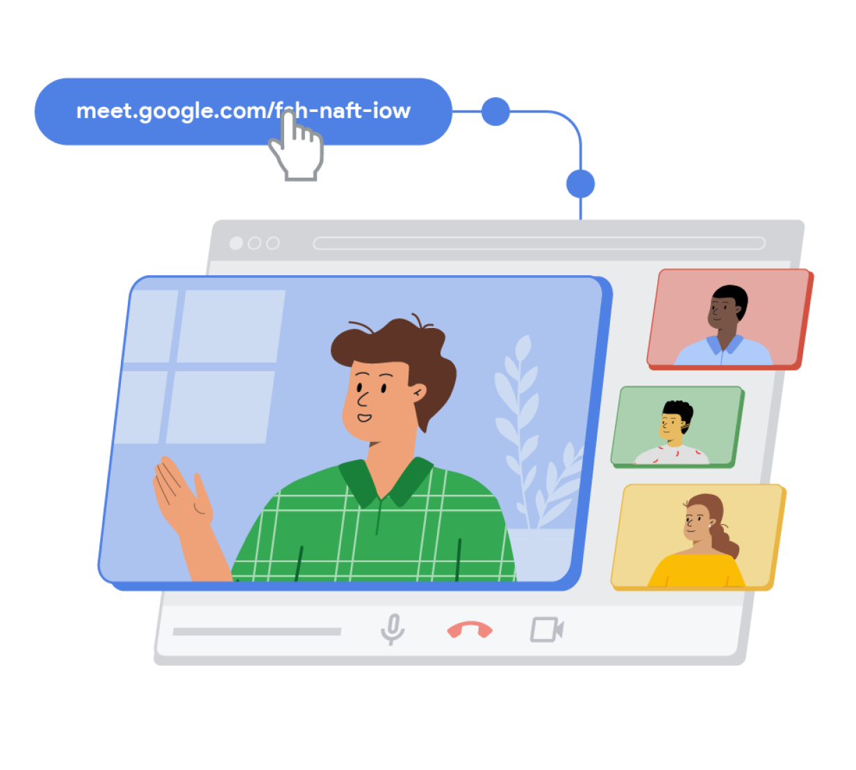 Un v�nculo a una videollamada de Google�Meet dentro de una forma de c�psula color azul que se conecta a una ventana de navegador tridimensional. Sobre esta se superponen rect�ngulos de color azul, rojo, verde y amarillo con dibujos de personas para representar una llamada de Google�Meet en curso.