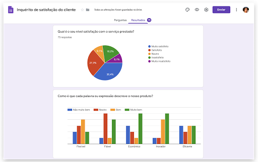 A IU do Forms com respostas e recolha de dados do Google Forms.