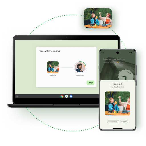 A Chromebook prompts to share an image and a phone screen alongside shows the image received.