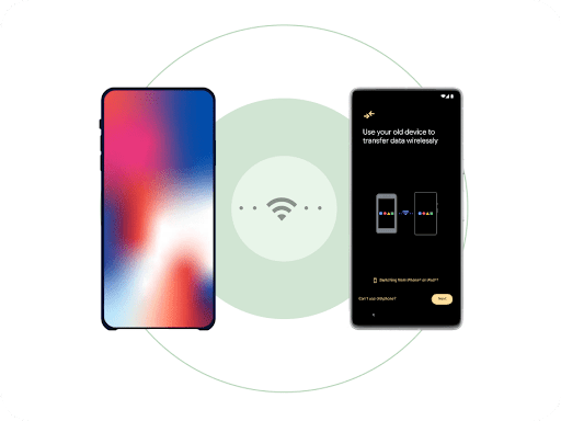 Um iPhone e um smartphone Android novo lado a lado, com um s�mbolo de Wi-Fi entre eles. Dois pontos se movimentam entre o s�mbolo de Wi-Fi e os smartphones para indicar uma transfer�ncia de dados sem fio.