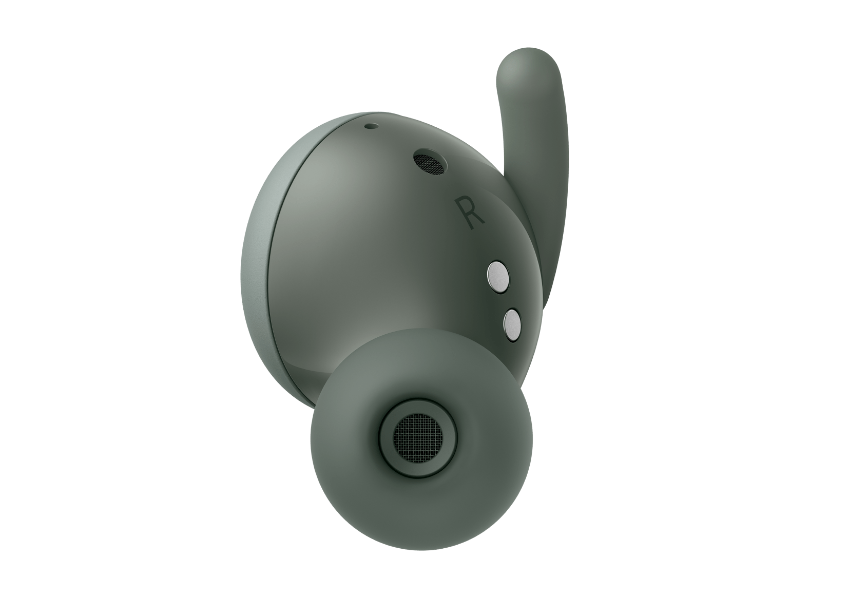 Side view of a Pixel Buds a series earbud in dark olive