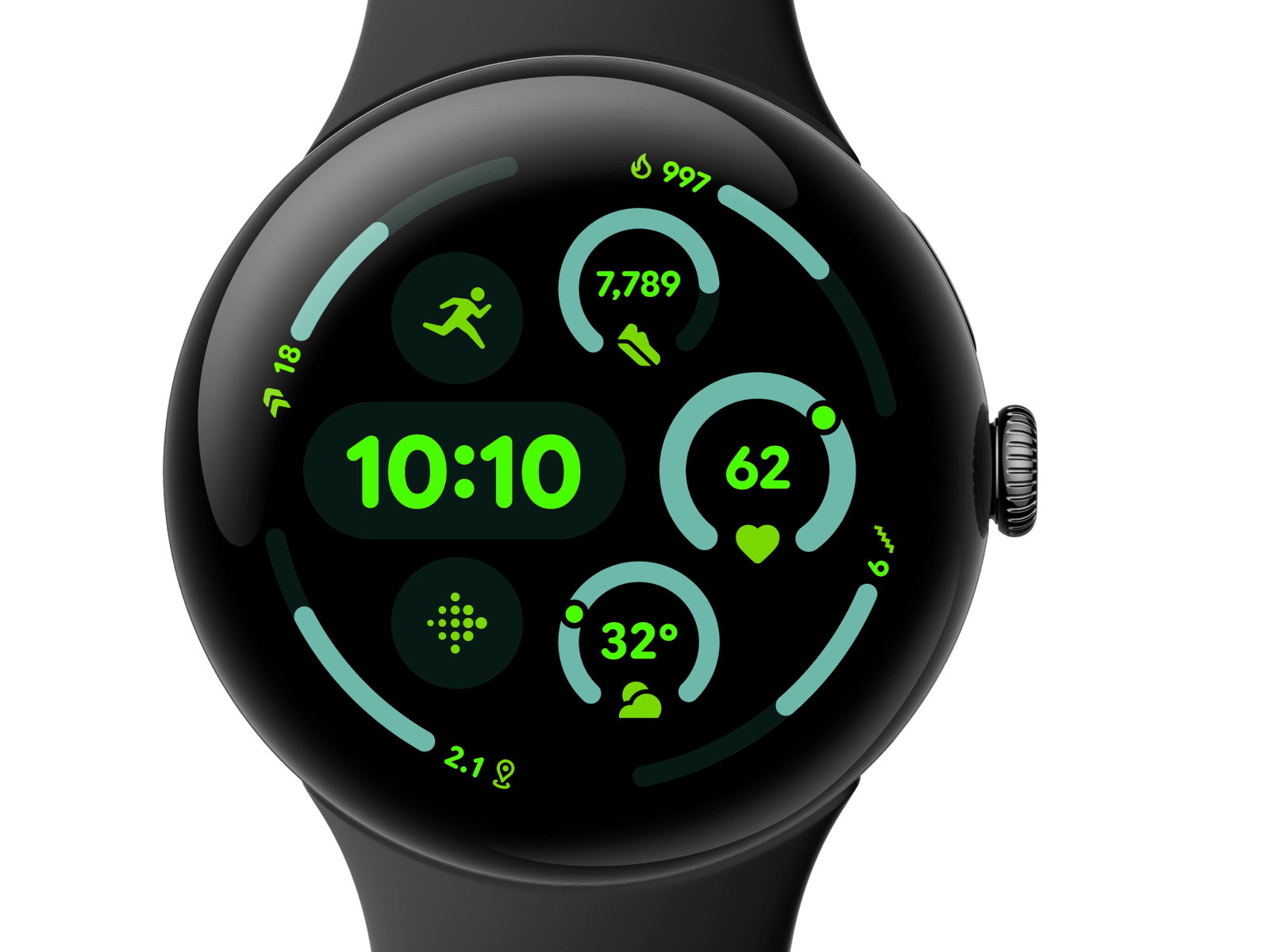 Front view of the Pixel Watch 3 45mm with Matte Hazel Aluminum Case / Hazel Active Band