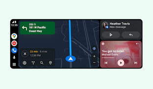 Det nye Android Auto-design på en skærm i bredformat, som viser kort, medier og notifikationer på samme tid.