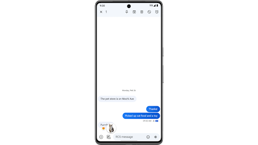 Reacting to a message in Google Messages on an Android phone with a photomoji that has been created on the spot from an image in the photo gallery.