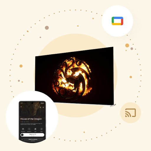 Het logo van House of the Dragon wordt getoond op een groot Android�TV-scherm. Rondom het scherm zweeft een bubbel met een Android-telefoon. Op de telefoon staat bedieningsinformatie voor de Android�TV. De knop 'Watch on TV' is uitgelicht.