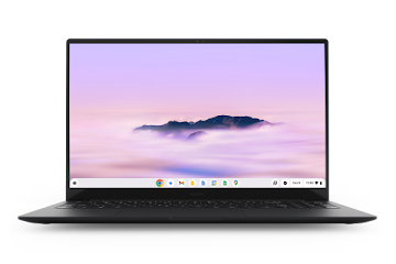 a HP Chromebook Plus x360 14” device in open front low mode