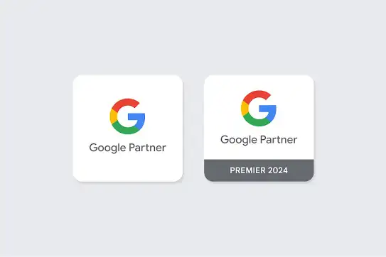 Dois selos do Google mostrando a diferen�a entre os selos do Google Partners e do Google Partner Premier.