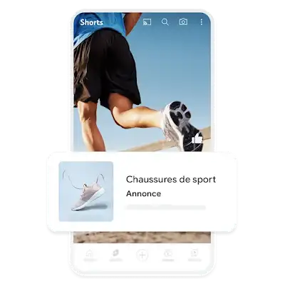 Exemple d’annonce de génération de la demande pour mobile promouvant des baskets, superposée à une vidéo YouTube Shorts