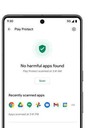 หน้าจอโทรศัพท์ Android ที่เปิด Google Play Protect อยู่ โล่สีเขียวมีไอคอนเครื่องหมายถูกติดสว่างพร้อมข้อความ "ไม่พบแอปที่เป็นอันตราย" แจ้งว่าโทรศัพท์ของผู้ใช้ปลอดภัยดี