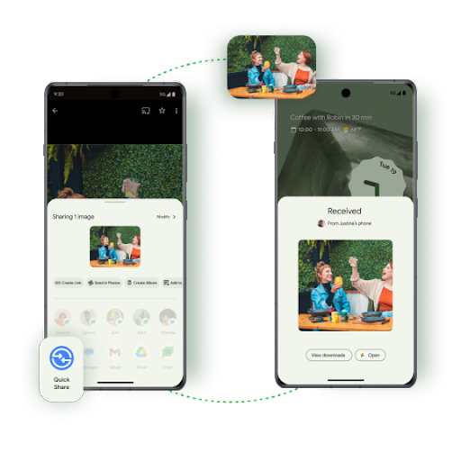Two phones side by side, one sending an image with Quick Share and the other displaying the received image.