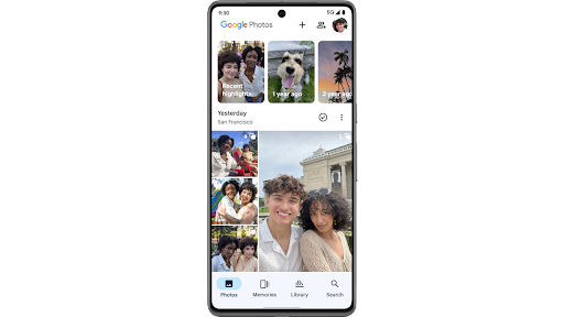 Using Google Photos on an Android phone to view a group of similar photos that have been put into a stack and then selecting one of them to be displayed on top.