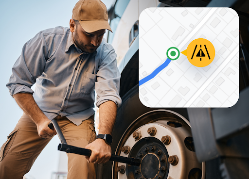 Man fixing a truck tire with inset of location map