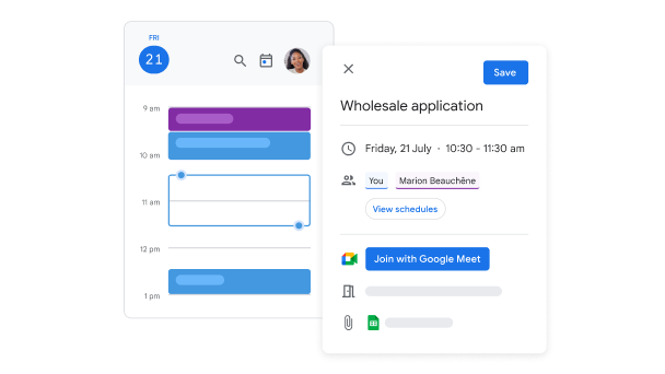 Interface utilisateur de Google�Agenda montrant une collaboratrice en train de planifier une r�union pour une application de vente en gros. 