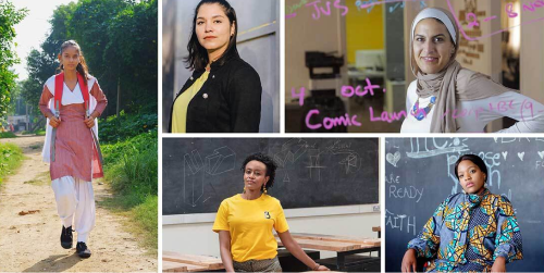 A collage of five portraits of women of different ages and races.