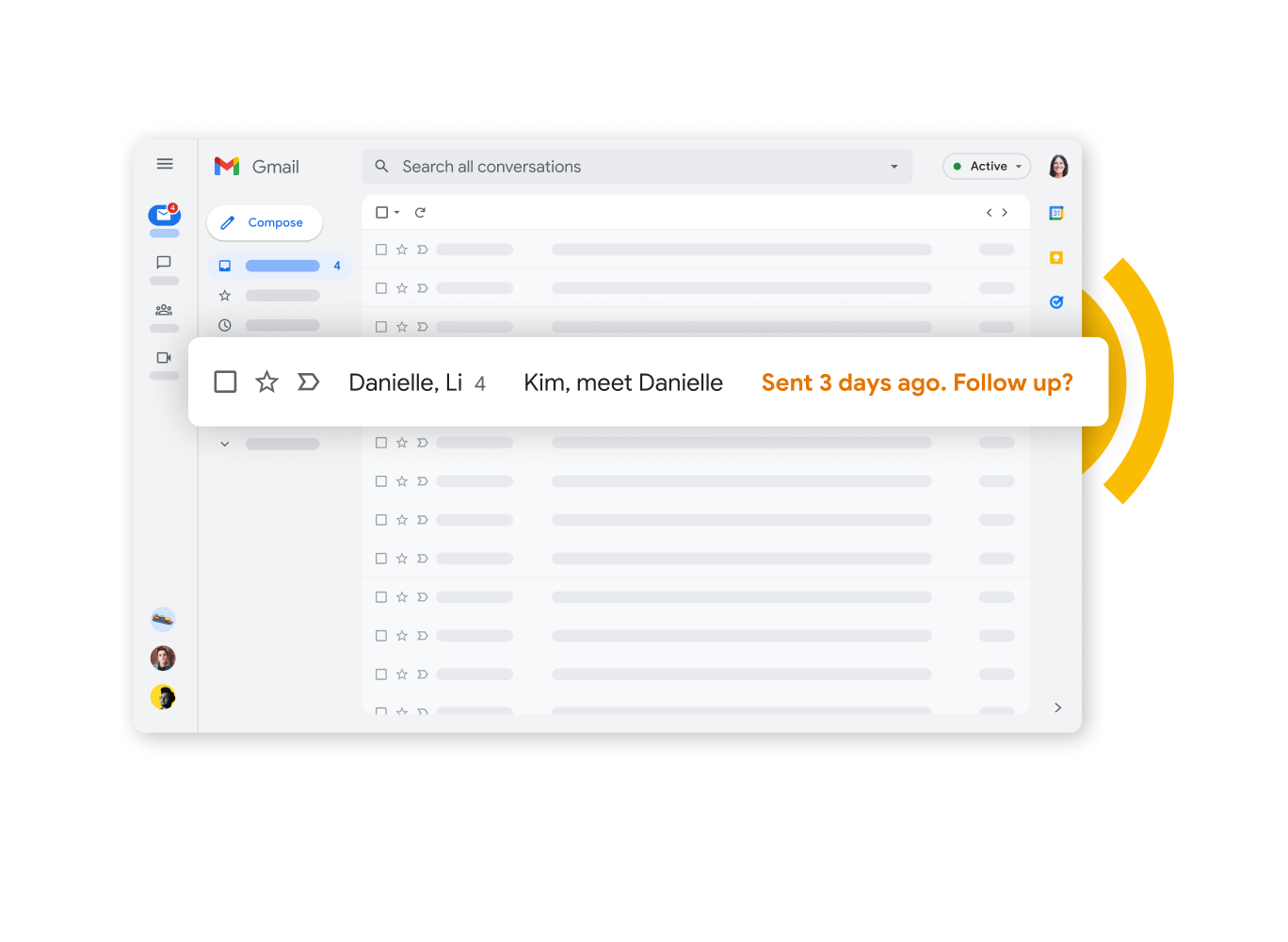 Gmail inbox with follow up reminder in orange text
