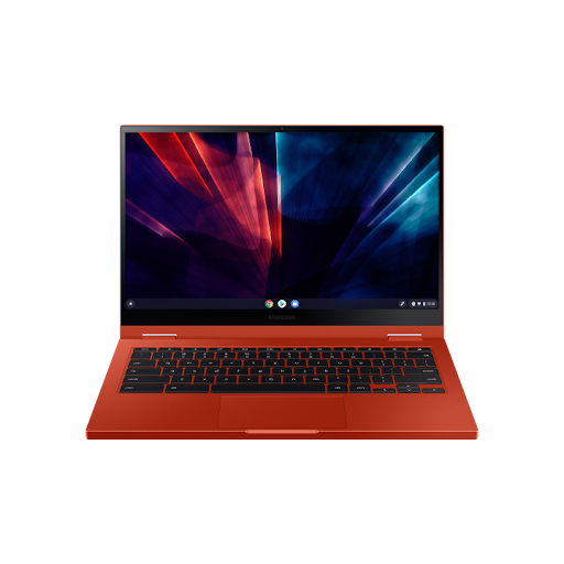 Un Chromebook ouvert avec une image bleue et rouge abstraite � l'�cran.